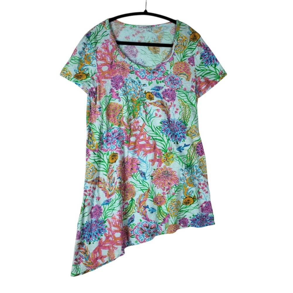 Fresh Produce Asymmetric Top Women's Large Blue Floral Short Sleeve Beachy Boho
